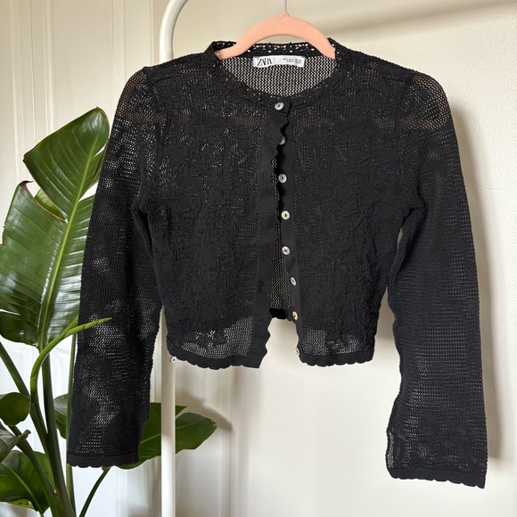 Zara Tops - Zara Black Lace Crochet Button Cardigan Flare Sleeve Cropped